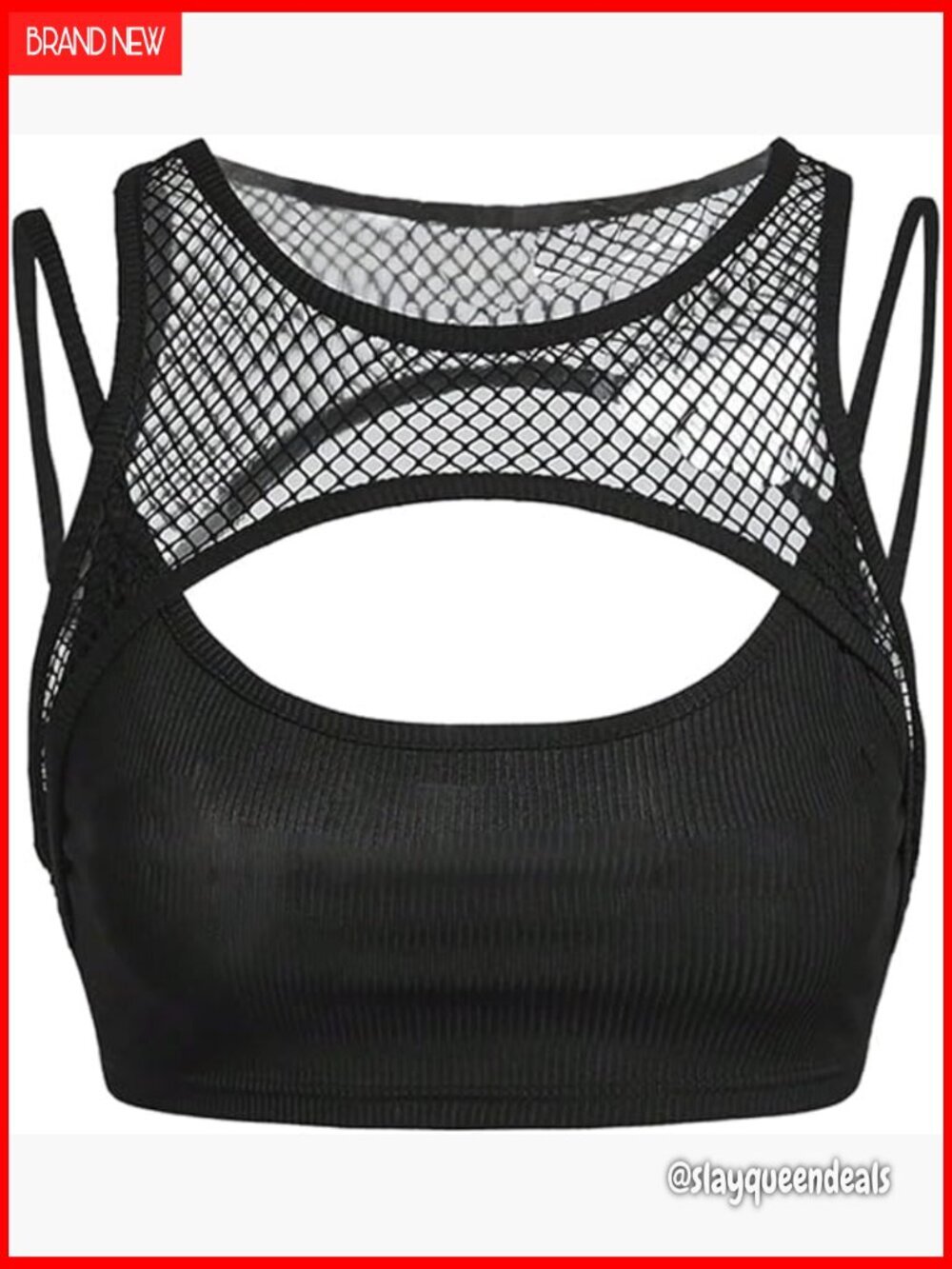 Sheer Mesh Fishnet Cut Out Tank Top 2-in-1 Crop Clubwear